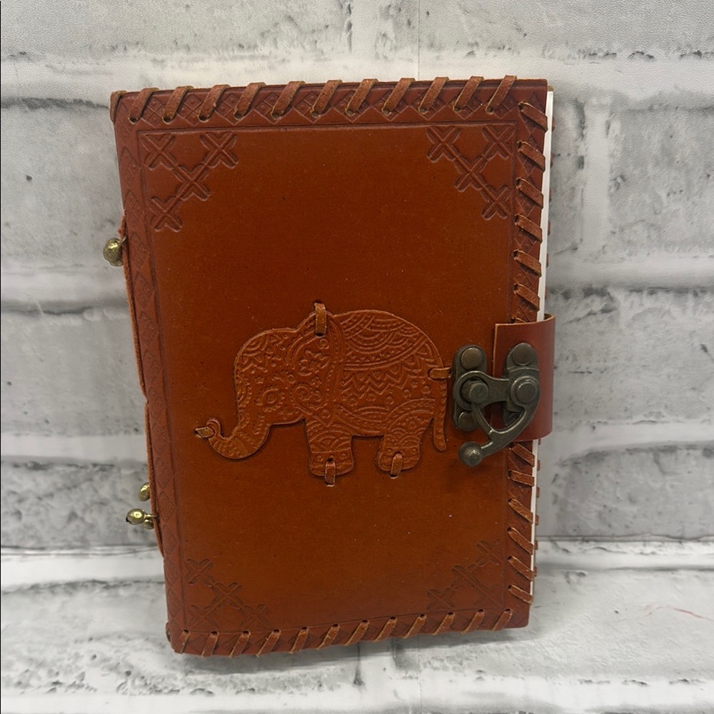 India Made Brown Hook Clasp Leather Journal with Elephant Design lined pages